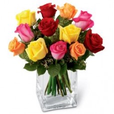 Fashionable Soft Touch Dozen of Mixed Roses in a Vase